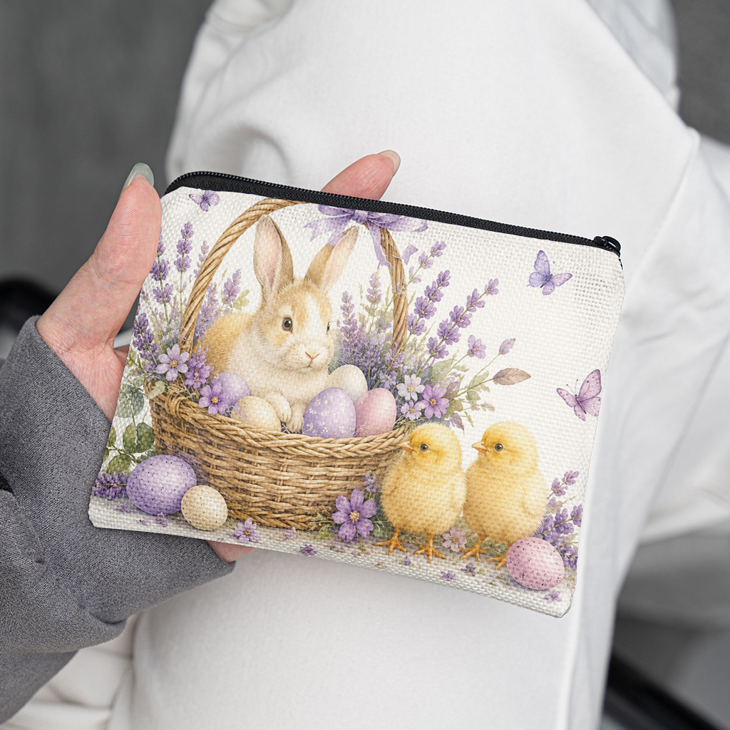 Portamonete, Portamonete con coniglietto in un cesto di fiori, Chiusura a zip, Piccolo borsello portatile per chiavi, auricolari e monete, Porta carte multifunzionale e pratico,  , Regalo di festa per  