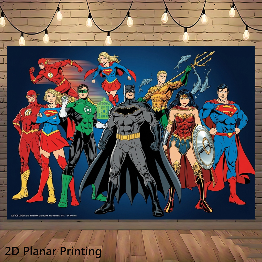 TEMU 2d Flat, 1pc Wb League Superheroes Wall Banner - -themed Suitable For Home, Office, Party Decorations With Iconic & Characters, Backdrop For