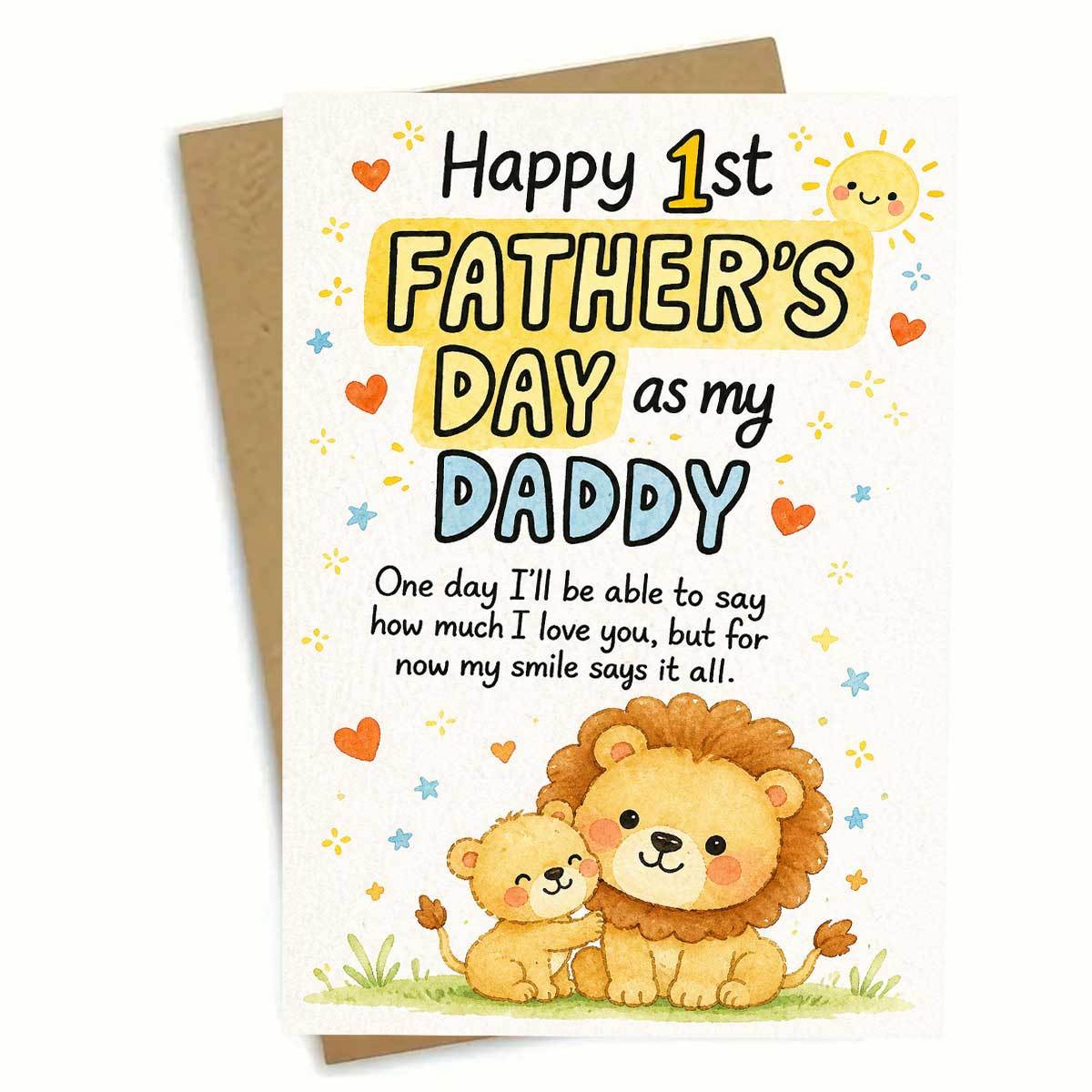 TEMU 1set(an Envelope And A Card) Adorable Watercolor Lion Father's Day Greeting Card, "happy 1st Father's Day As My Daddy", Cute Lion Cub Hugging