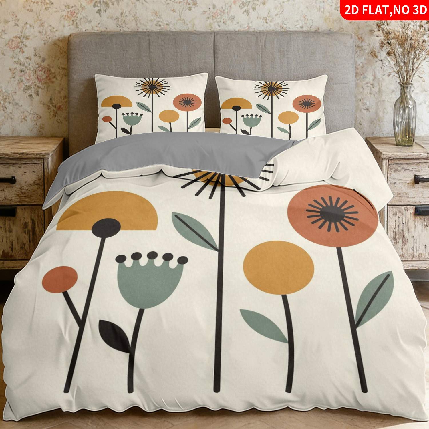 TEMU 2/3pcs 2d Flat Printing Modern Minimalist Botanical Quilt Cover Bedding Beige Orange Green Black Abstract Floral Print Suitable For Multiple