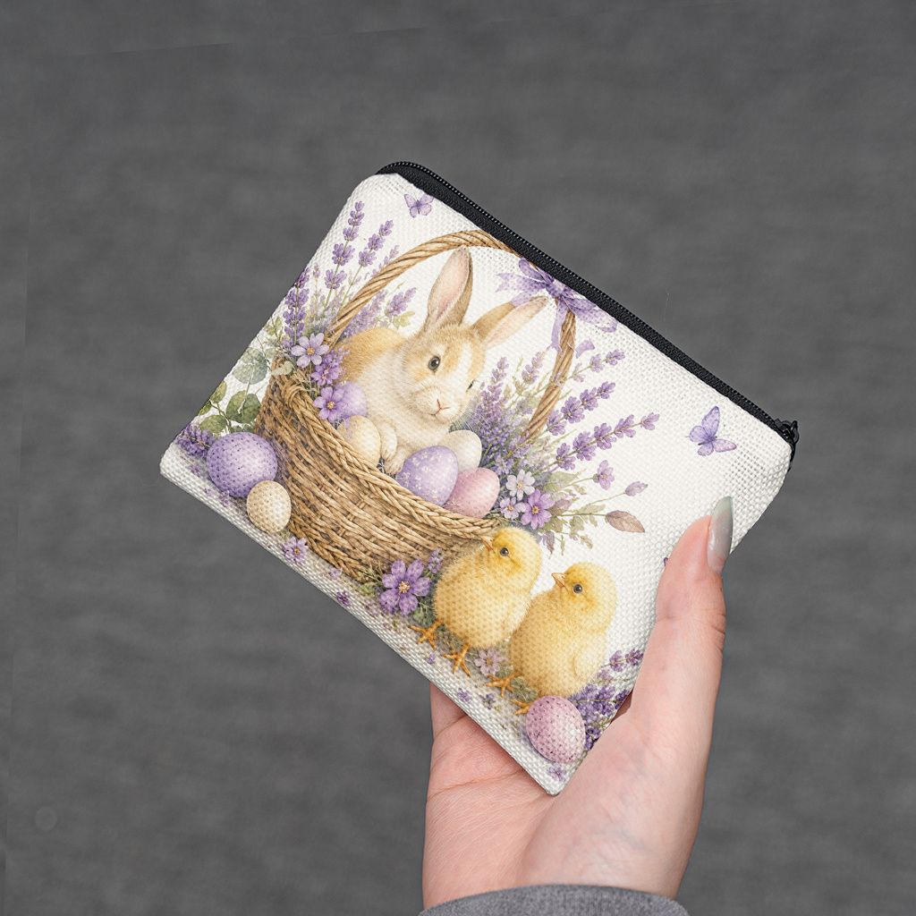 Portamonete, Portamonete con coniglietto in un cesto di fiori, Chiusura a zip, Piccolo borsello portatile per chiavi, auricolari e monete, Porta carte multifunzionale e pratico,  , Regalo di festa per  