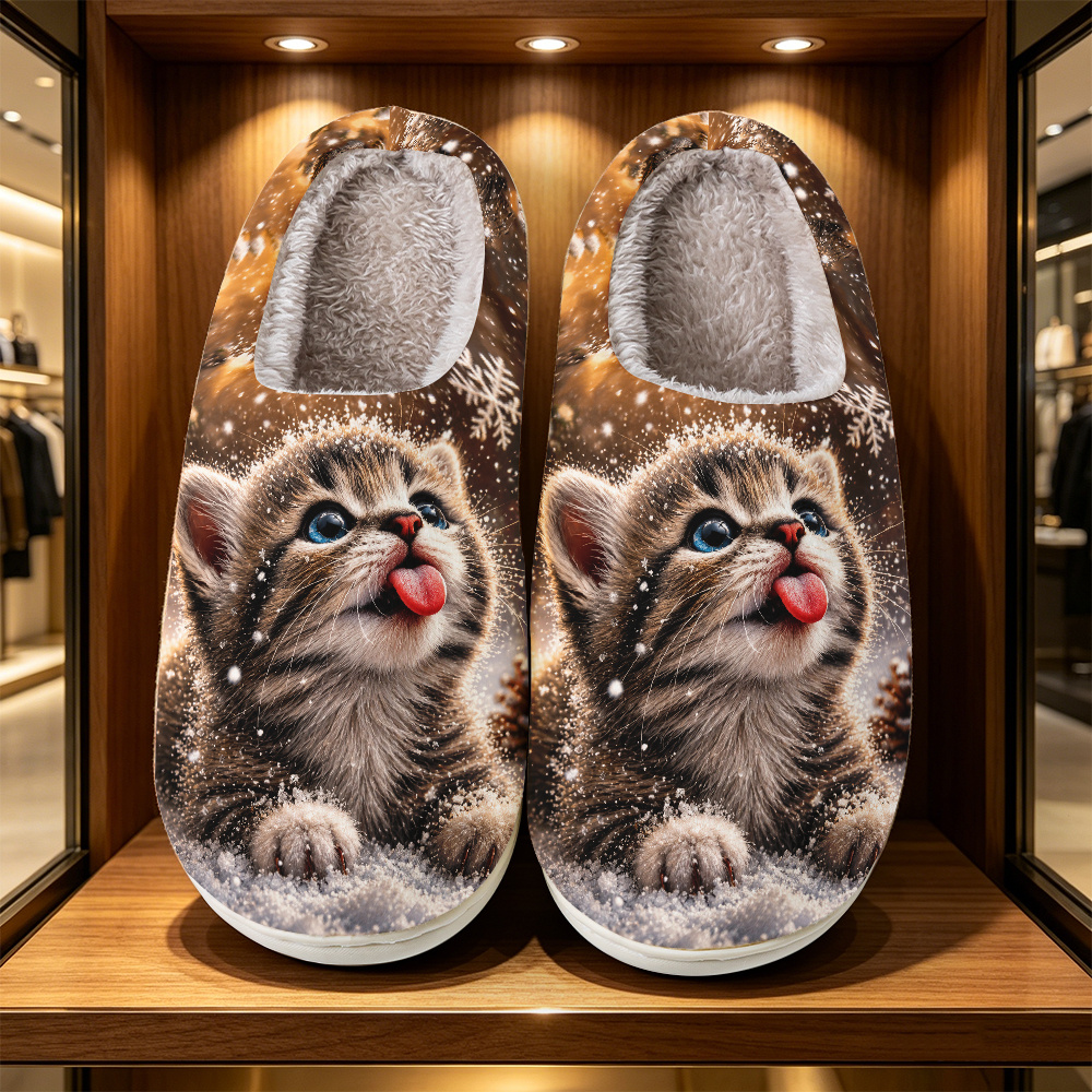 TEMU Women's Fashion Printed Home Slippers With Kitten In Snow And Pine Branch Print, Elegant And Simple, Unisex Style For Couples, Essential For