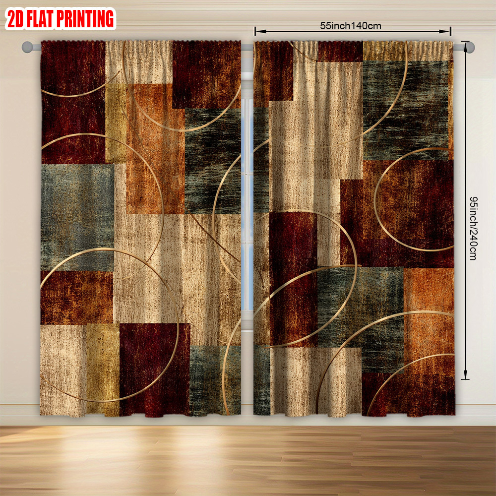 TEMU 2d Flat - 2d Flat - 2d Flat 2pcs Curtain Retro Geometric Color Block Rings Semi-transparent Rod-passing Autumn Farmhouse Decor Kitchen Room Home