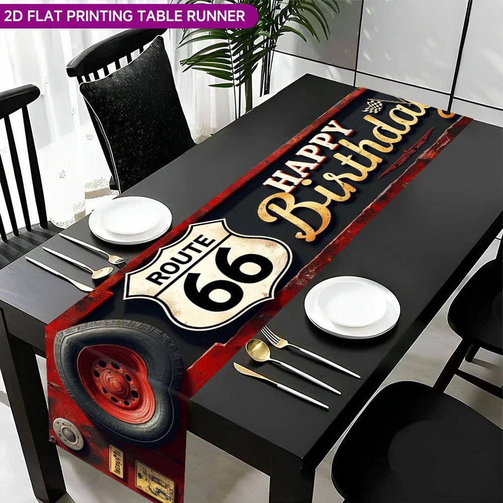 TEMU Chemin de table , 1 pièce, avec bannière " Anniversaire" et motif d' de pneus - Décoration de fête sur le thème vintage, convient pour tables à