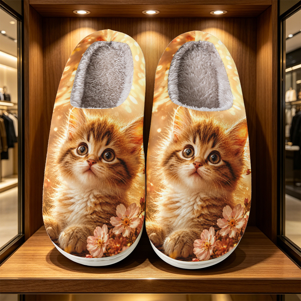 TEMU Kitten And Floral Pattern Women's Fashion Printed Slippers, , Unisex Couple Style, Essential For Family Parties, For Holiday Gifts, Comfortable