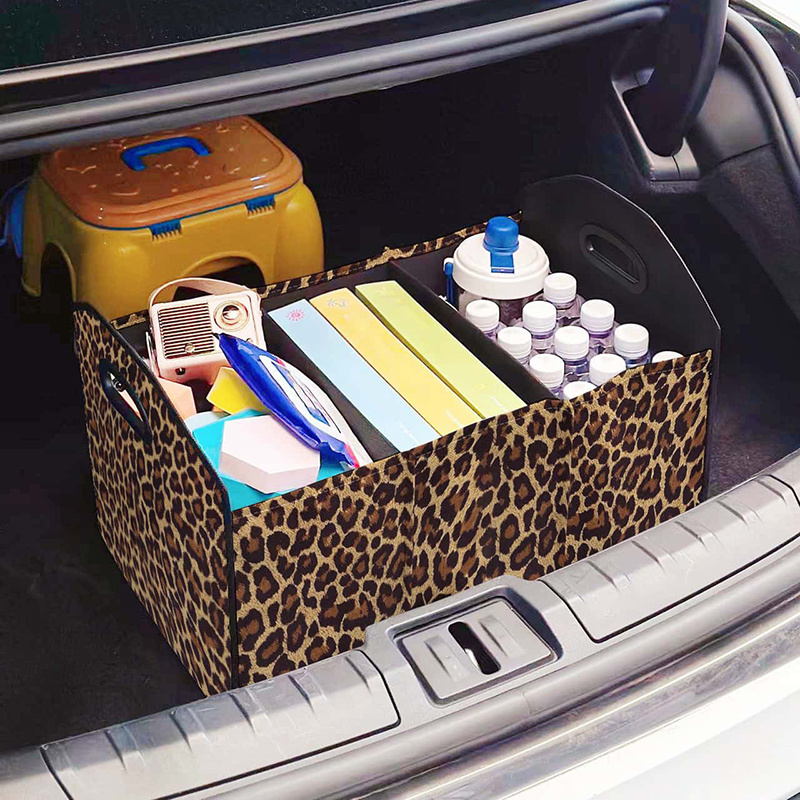 TEMU 1pc, Car Organizer, Leopard Print 2d Printed, Foldable Car Trunk Storage Box With Compartments, Vehicle Storage Organizer