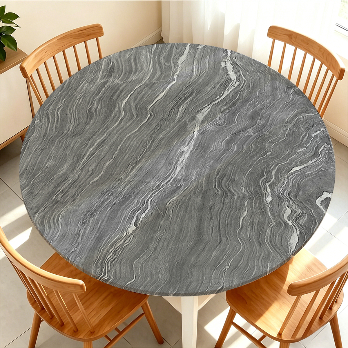 TEMU 1pc Gray Marble Texture Stretch Round Elastic Tablecloth, High Full Wrap Fabric Non-slip, Suitable For Home Dining Table, Restaurant, Hotel,
