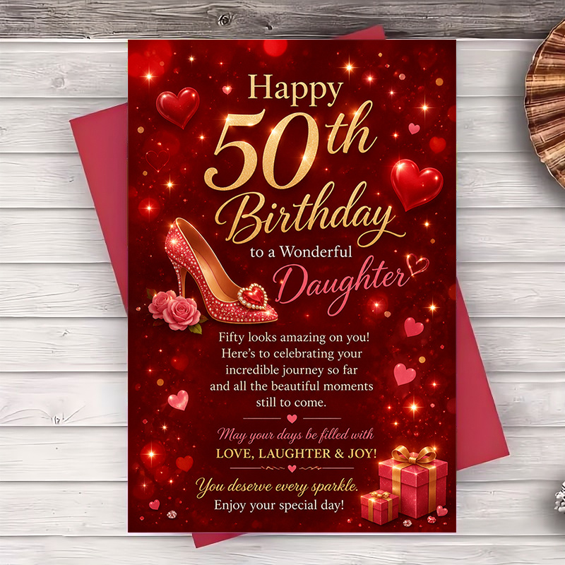 TEMU 1 Envelope And 1 Funny Greeting Card Happy 50th Birthday Greeting Card For Daughter Elegant Red High Heel Design For Milestone Birthday