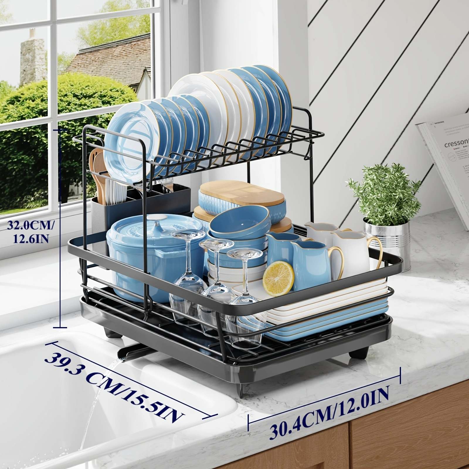 Kitchen Dish Drying Rack, Dish Organizer With Removable Cutlery Holder, Compact Countertop Storage Rack For Dishware Drying And Kitchen Organization, . 30.5 × 39.4 Cm, Black