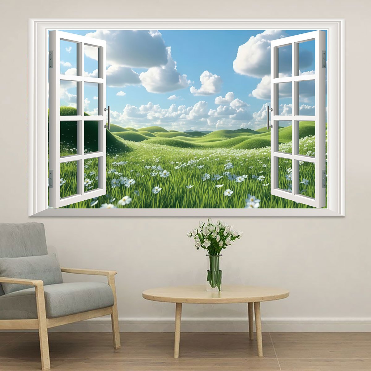 TEMU 1pc Of Window-view And Simulated Wall Sticker/wallpaper, Peel-and-stick Pvc Material, 2d Flat Simulated Wall Decal. Suitable For Living Room,
