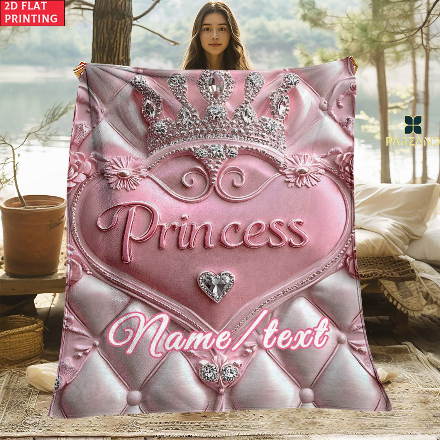 TEMU Couverture 1 pièce Pazand Princesse Couronnée Rose avec Nom/ - Nom/ Personnalisable, Convient pour Camping, Voyage, Lit, Housse de Canapé,
