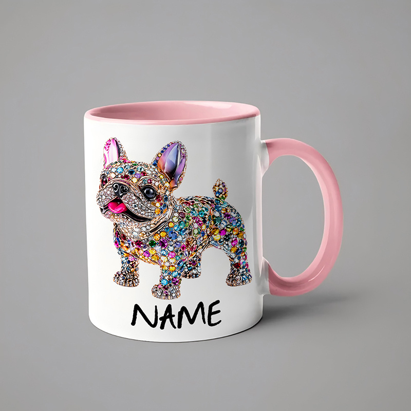 TEMU Personalized Jewelry-decorated French Bulldog Themed 11-ounce Ceramic Coffee Mug - Available In , With Colorful Rhinestones, Sparkling , And A