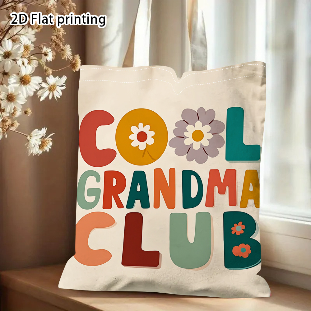 TEMU 1pc Unisex Grandma-themed Tote Bag With "grandma Club" - Canvas Handbag Suitable For Commuting,, Shopping, Book Carrier, Reusable Shoulder Bag
