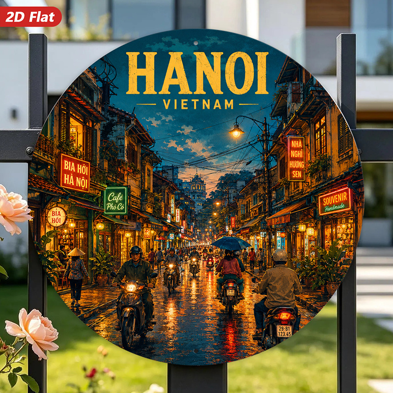 2d Flat, 1pc Round Metal Sign Wall Art, Vietnam Scene Home Decor, Artwork, Urban Style, Nighttime Theme, For Living…: retailer-supplied image