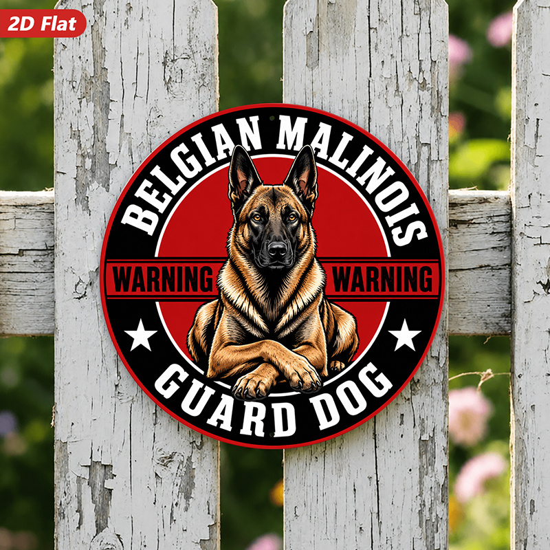 TEMU 2d Flat, 1pc Round Metal Sign Wall Art, Belgian Malinois Wall Art, Warning Text, , Home Decor, For Living Room, Office, Warehouse, Weatherproof