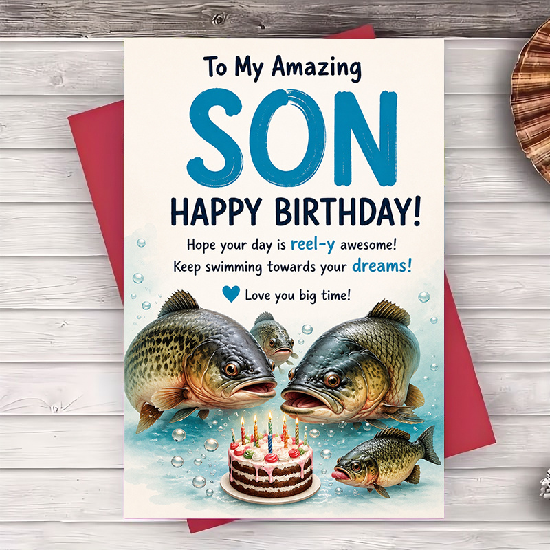 TEMU 1 Envelope And 1 Funny Greeting Card Funny Fishing Birthday Greeting Card For Son Flat Paper Card For Men Birthday Celebration Gift Idea