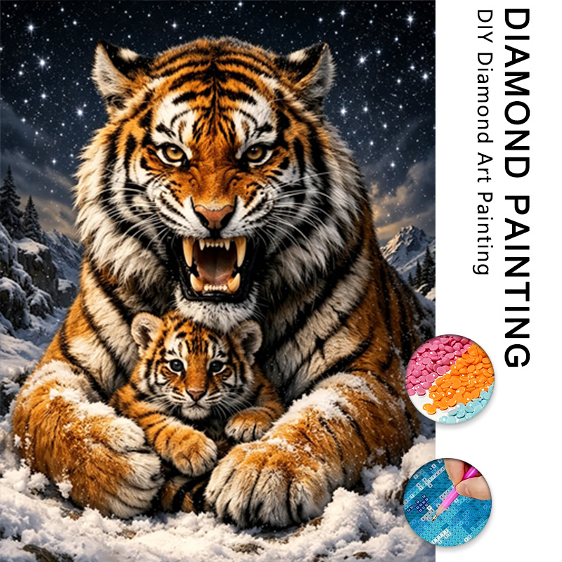 TEMU 1 Set Latest Tiger And Cub 5d Diamond Painting Kit, Large Size Adult 5d Diamond Painting Set, Round Diamond Mosaic Craft Suitable For Beginners,