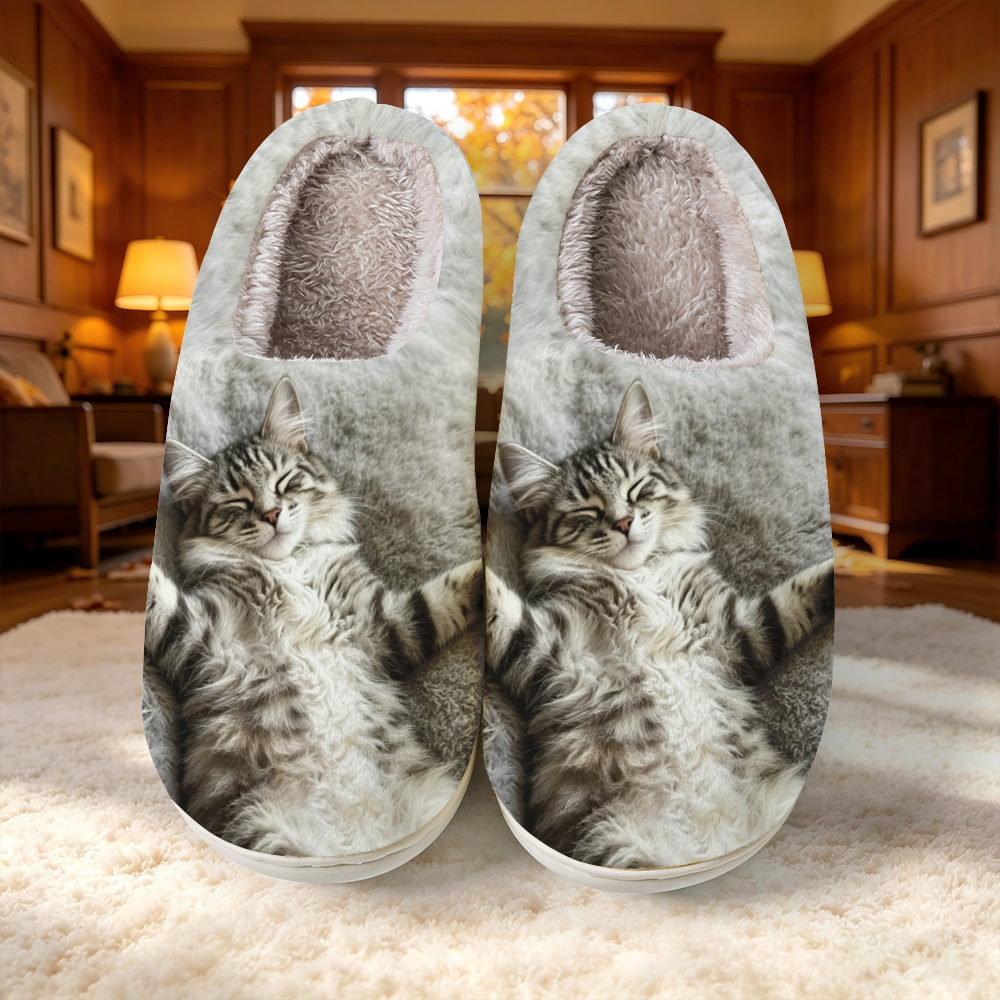 TEMU [printed Design-not Textured]-unisex House Slippers, Lazy Lying Cat Print With Fluffy Plush Background, Elegant Minimalist Skin-friendly Casual