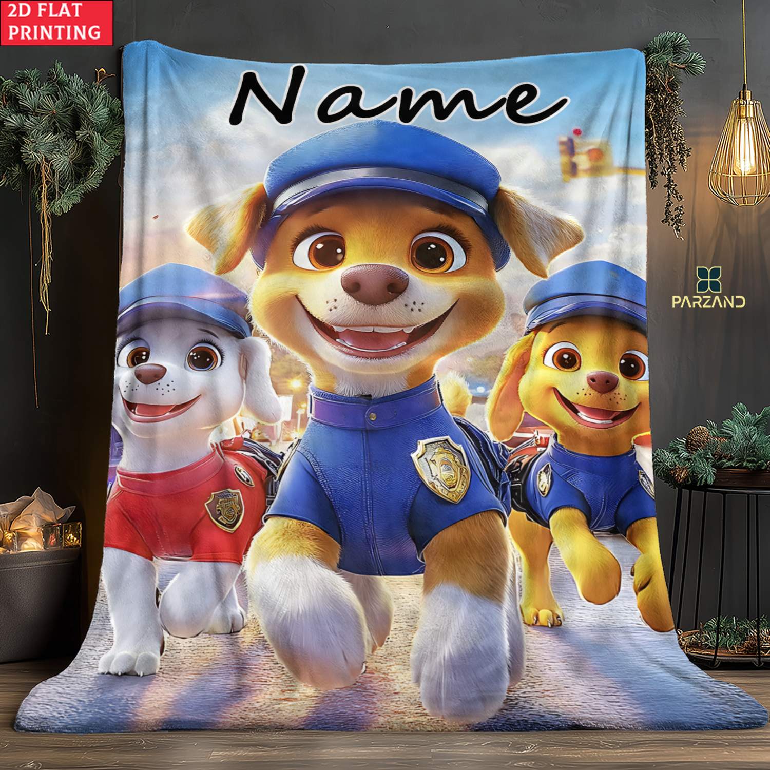 TEMU 2d Flat 1pc Running Police Dog Custom Name Ultra Soft Lightweight Flannel Blanket-cozy Warm Throw For Camping Travel, Holiday Gift For Ones, Use