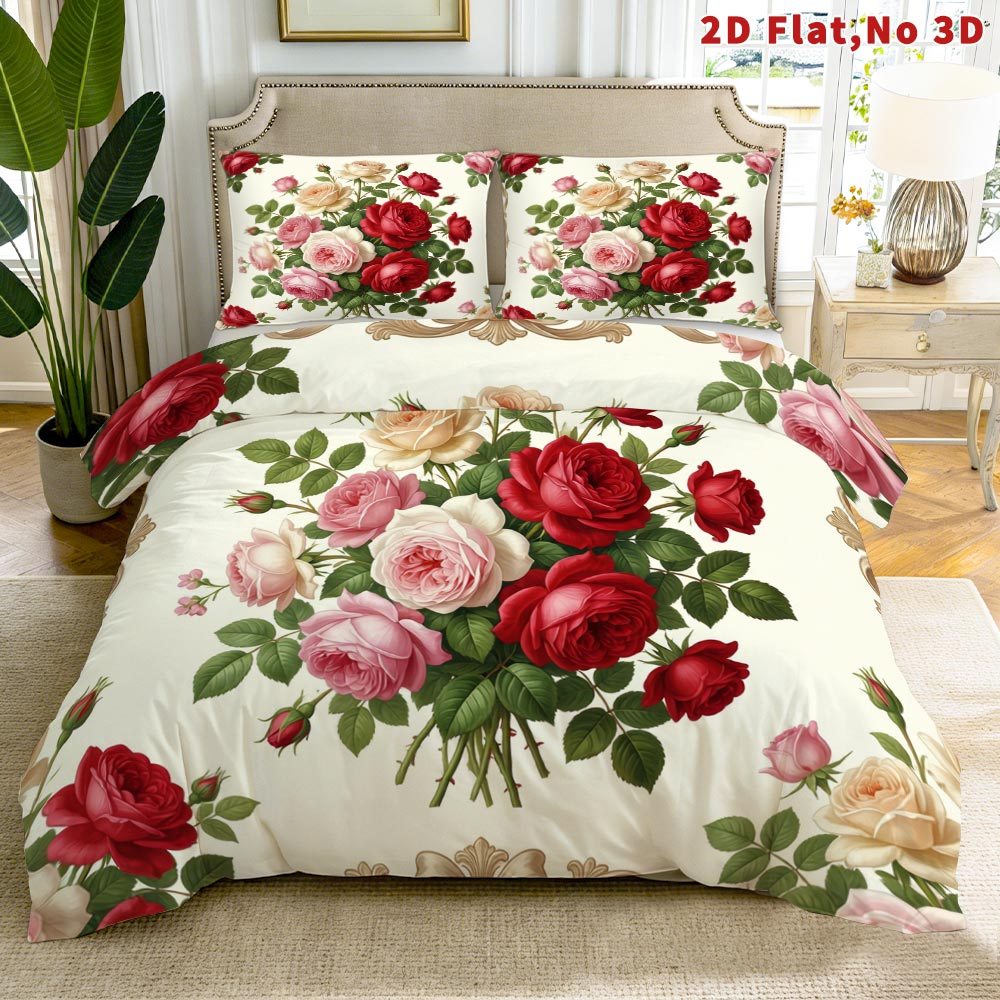 TEMU Latacaca 2d Flat 2/3pcs Pattern Duvet Cover Set Queen King Full Sizes Bedding Rose Pattern 1 Duvet Cover   1/2 Pillowcases Suitable For All Used