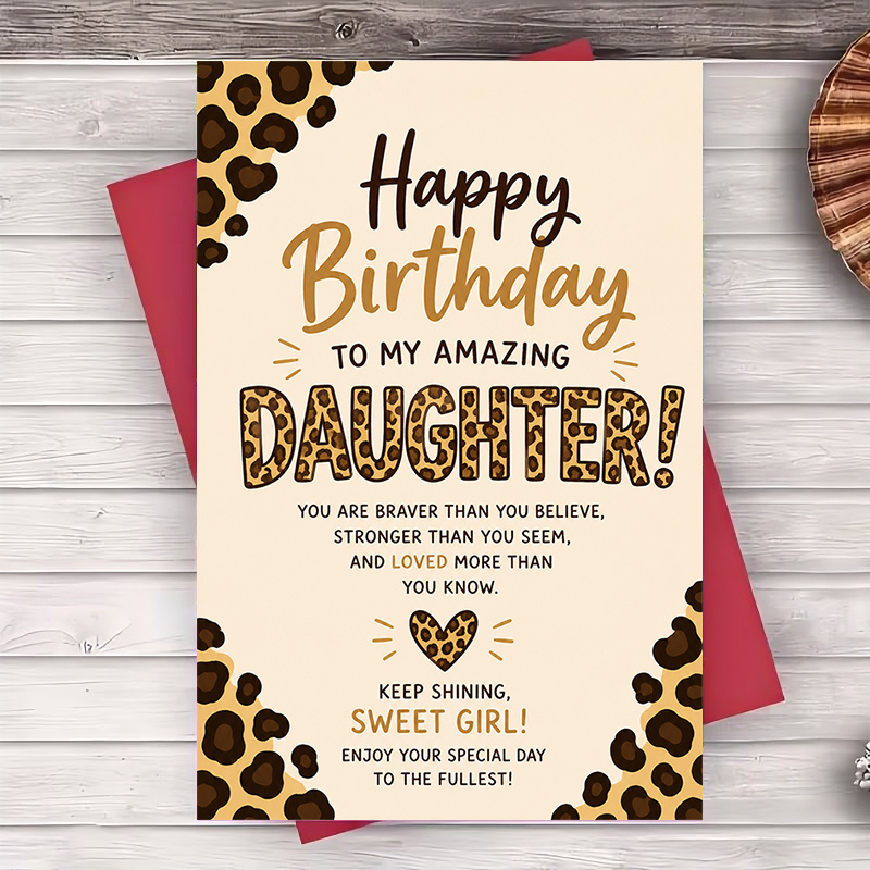 TEMU 1 Envelope And 1 Funny Greeting Card Leopard Print Birthday Greeting Card For Daughter Inspirational Message Flat Paper Card For Birthday