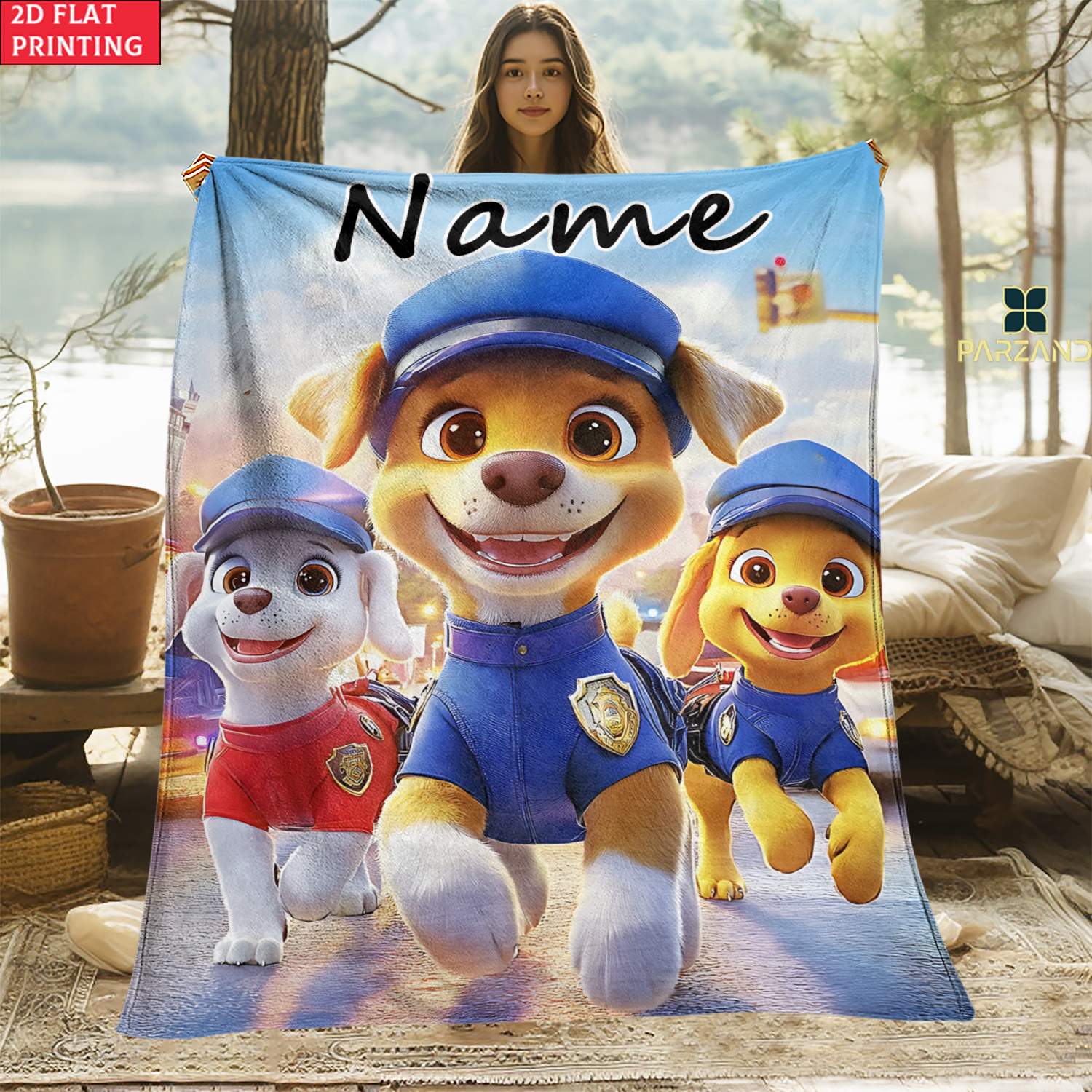 TEMU 2d Flat 1pc Running Police Dog Custom Name Ultra Soft Lightweight Flannel Blanket-cozy Warm Throw For Camping Travel, Holiday Gift For , Use On