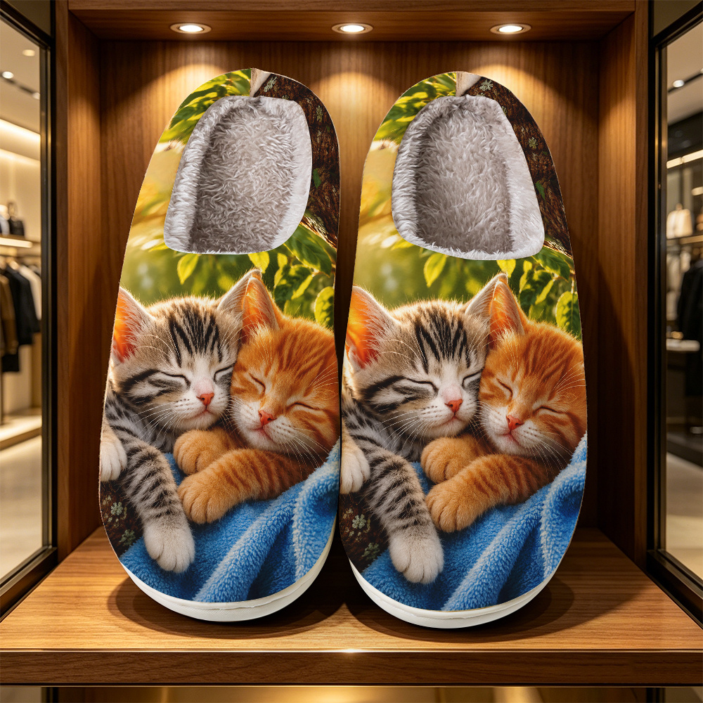 TEMU [printed Design - Not Textured] Women's Fashion Printed Slippers With 2 Cats Snuggling On A Branch Carpet, , Unisex Couple Same Style, Essential