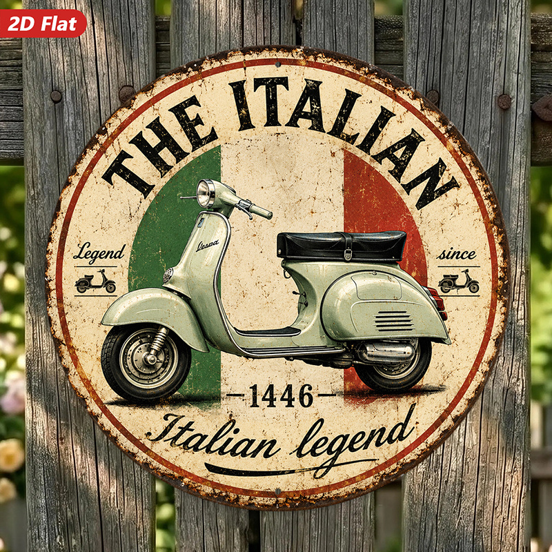 TEMU 2d Flat, 1pc Round Metal Sign Wall Art, Italian Scooter Art, Retro Style, Flag Elements, Vintage Design, Home Decor, For Living Room, Bedroom,
