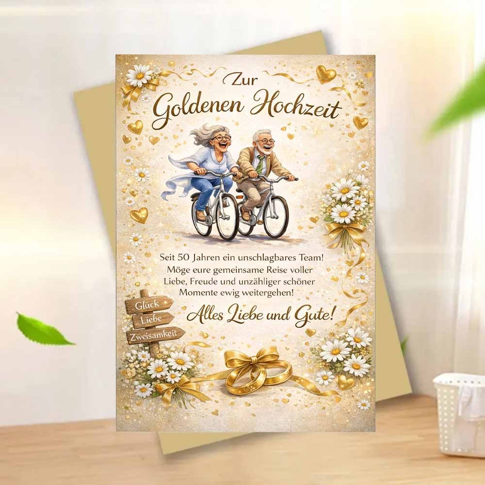Image of 1 Set (1 Greeting Card + 1 Envelope) Anniversary Card With Daisies And Cycling Couple Illustration For 50 Years Elegant Greeting For Husband Wife Parents Grandparents Celebration