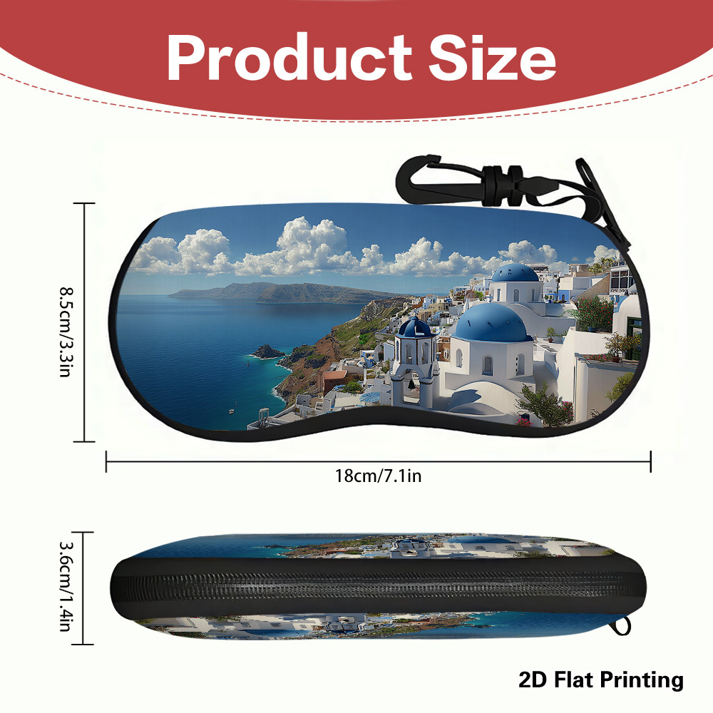 TEMU 1pc Santorini Greece Themed Zipper Glasses Case Suitable For Men' Eyewear, Modern Greek With Santorini Blue Domes Pattern, Lightweight Cover For