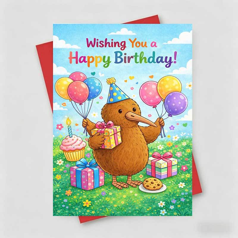 TEMU Birthday Card, Cute Kiwi Bird With Balloons And Gifts, " A Happy Birthday", Suitable For , Family, And Coworkers, Birthday Whimsical Greeting