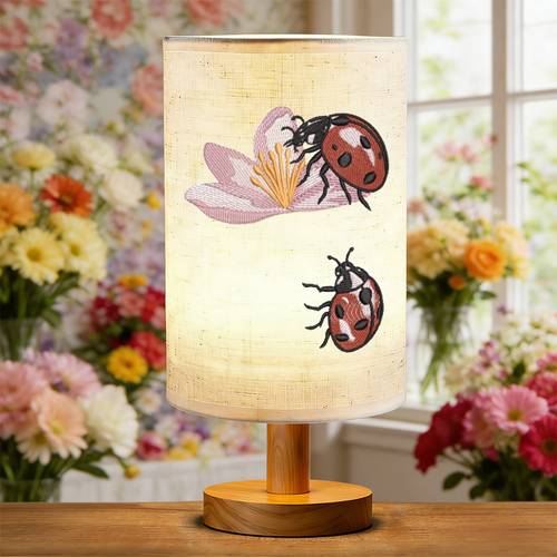 1pc table lamp warm light bedside lamp with wooden base linen style ambient lamp featuring embroidery of and two spotted ladybugs night light for night reading suitable for home decor bedroom or living room