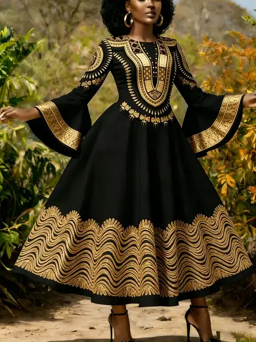 black african dress Rere Short Sleeve Flared African Print Dress For Women (Mid length)