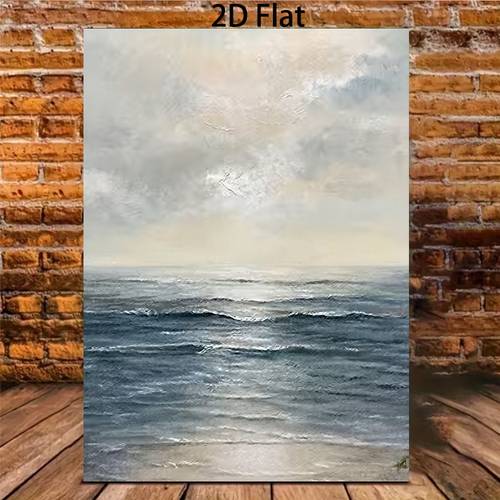 2d-flach, . minimalistisches ozean -poster – für wohnzimmer-, schlafzimmer-, badezimmer-wanddekor, selbstklebende rückseite für abziehen & aufkleben, rahmenloser leinwanddruck mit , die am ufer brechen, landschaftsgemälde, dekoration, 2d-flach