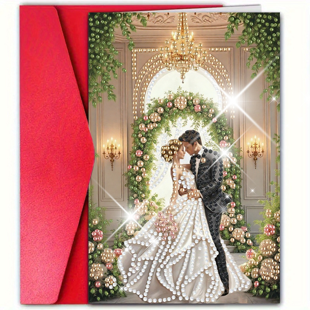 TEMU 1pc Diamond Painting Greeting Card Cartoon Beautiful Elegant Wedding Dress Love Suit Character Theme Set, Handmade Diamond Craft, De-stressing