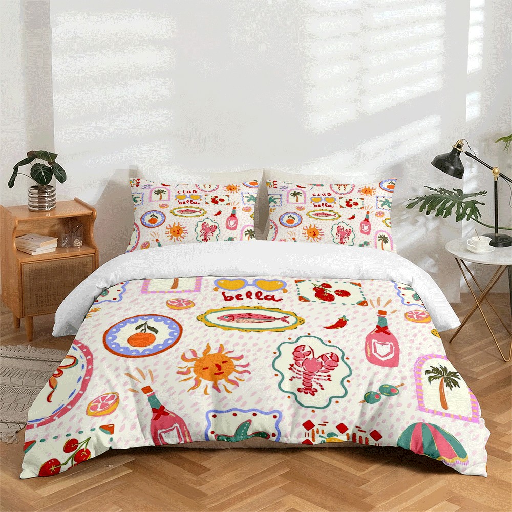 TEMU Ensemble de literie 3 pièces avec impression numérique HD, style Bella Ins, motif amusant de fruits , soleil, et , imprimé sur côtés, comprenant