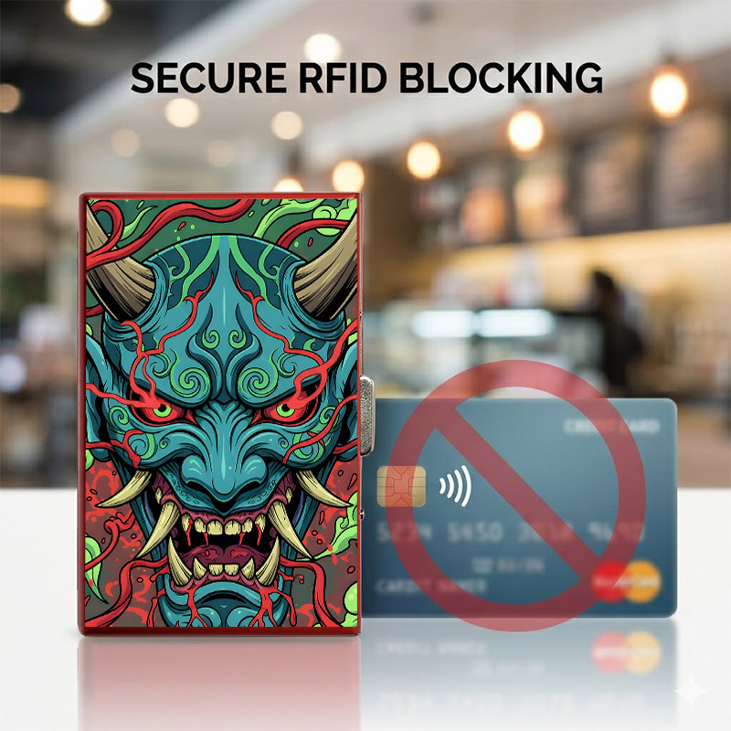 TEMU Rfid Blocking Metal Card Holder For Men And Women Ultra Thin Side Opening Pop Up Credit Card Case Japanese Blue Oni Demon Mask Graphic Portable