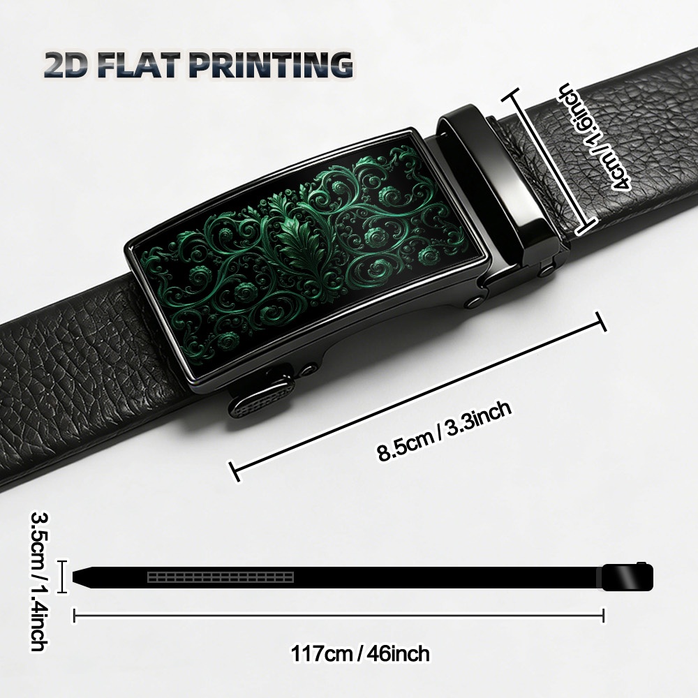 TEMU 2d Flat Printing, 1pc Men's Ratchet Belt With A Elegant Green Floral Graphic Design, Belt, Practical Gift For Men For Parties, Daily Wear And