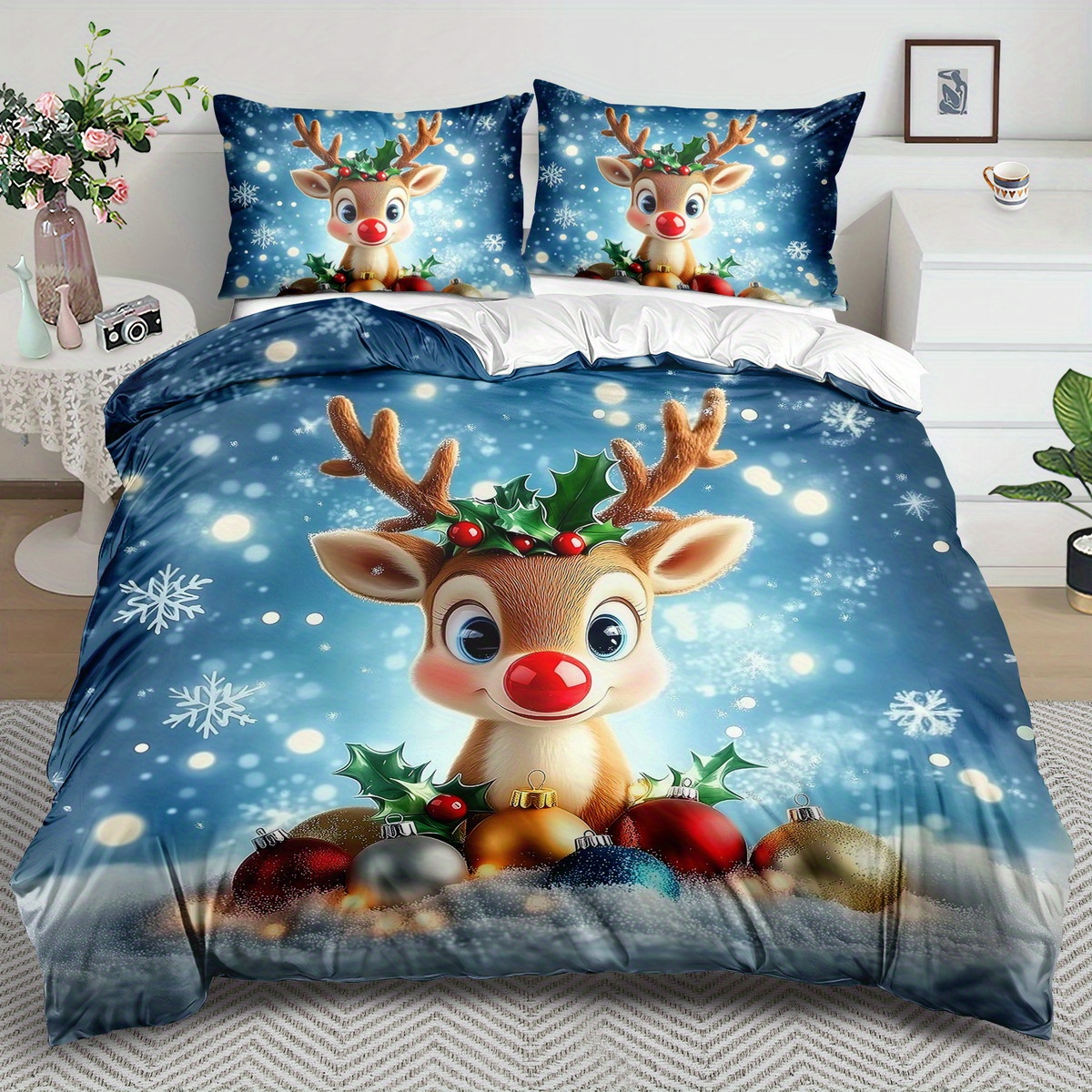 TEMU Open Deer Theme Duvet Cover Set - 2/3pcs, Soft Comfortable Breathable, Christmas Gift Bedding, Christmas Deer Print Duvet Cover Set, 100%