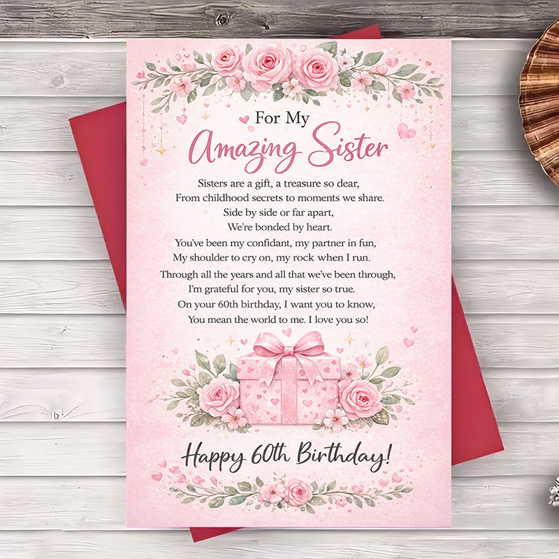 TEMU 1 Greeting Card And 1 Envelope 60th Birthday Card Pink Floral Verse Flat Greeting For Sister From Brother Or Sister Gift For Milestone
