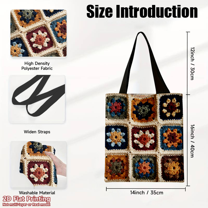 TEMU 1pc Large-capacity Foldable Shoulder Bag Suitable For Travel, Work & Shopping - Reusable Colorful Crochet Square Pattern Tote, Durable Polyester