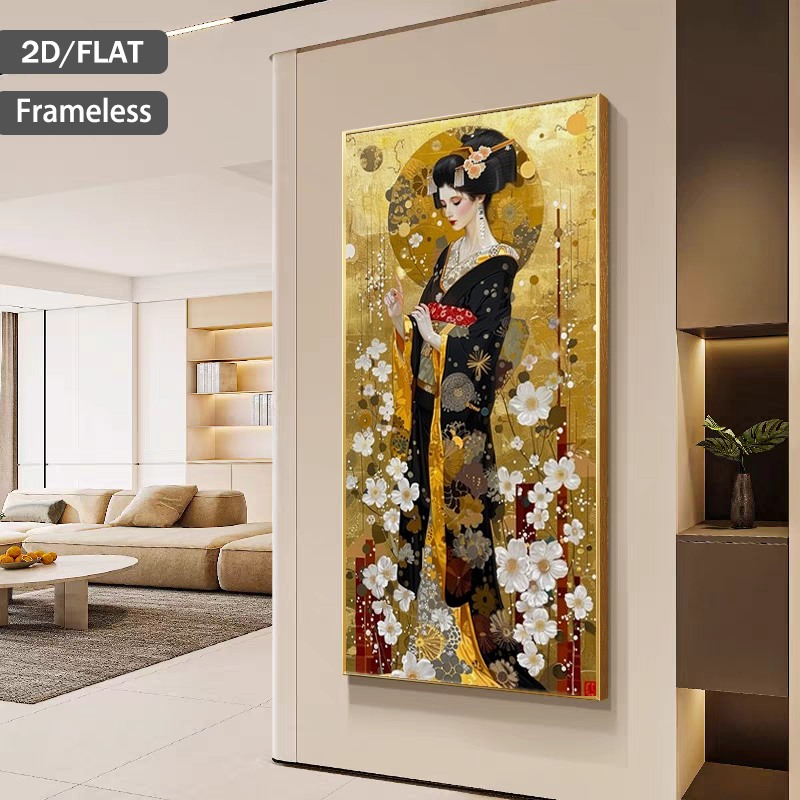 2d flat 2d flat 2d flat 1pc frameless 39 37 x 78 74in 100 x 200cm modern abstract japanese geisha in black kimono with golden background and white flowers print art wall art canvas painting art for living room modern canvas poster wall decor for l