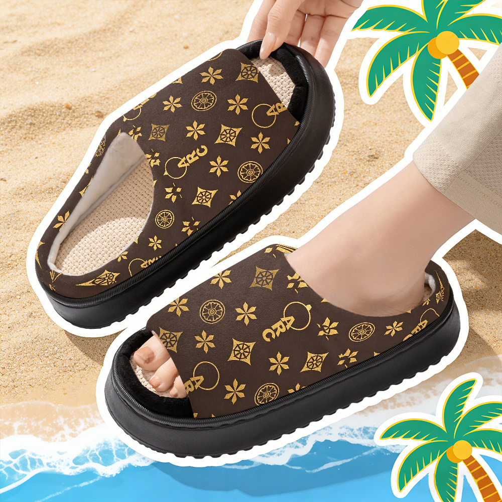 TEMU Black And Golden Geometric Letter Print Fashion Open-toe Slippers, Unisex Slippers For Home And Outdoor Wear In , Women Shoes