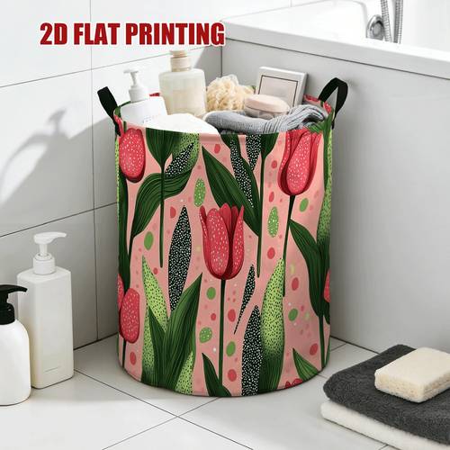 1pc red and pink tulip flowers large capacity open laundry basket and storage box stable handles round design for bedroom living room bathroom laundry area countertop and corner storage decorative multi purpose home organizer shelf baskets