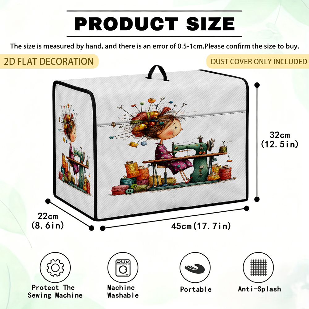 TEMU 1pc, 2d Flat, Girl Sewing With Colorful Buttons Durable Sewing Machine Cover, Use For Dustproof Protective Cover With Compartments That Can