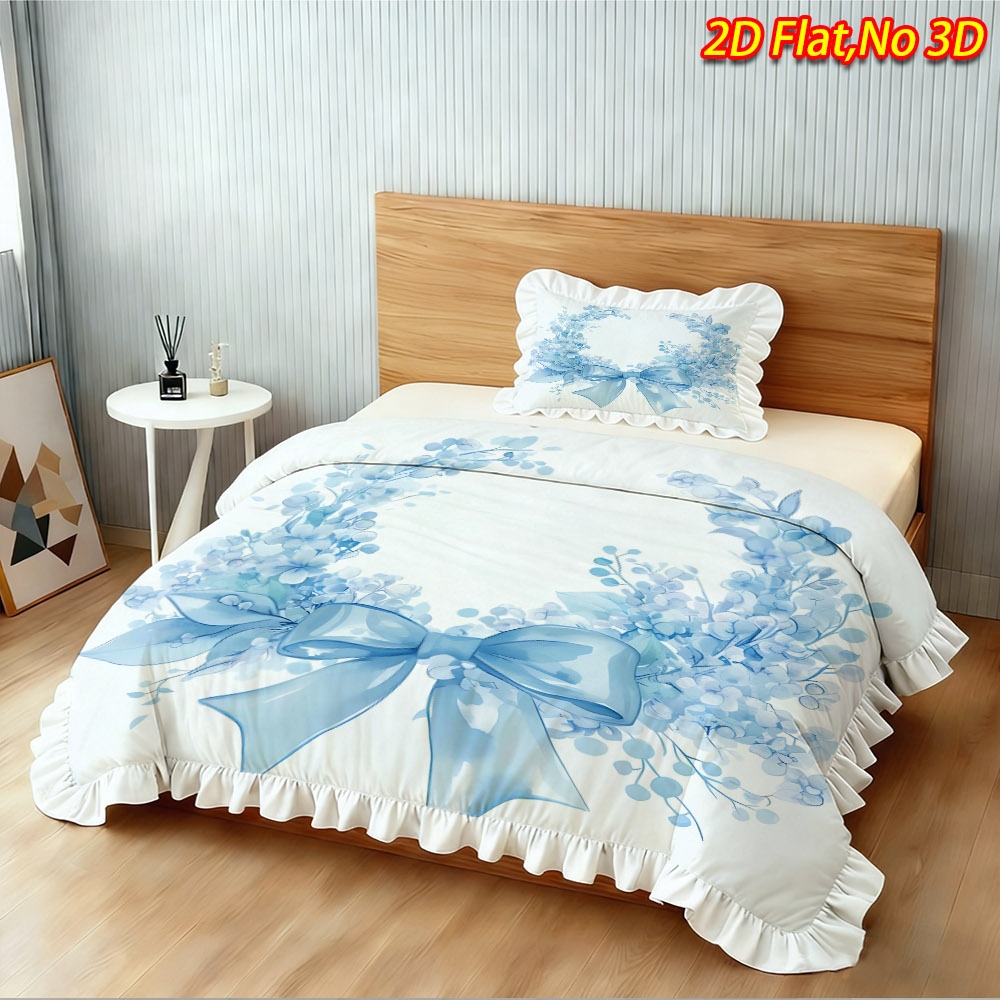 TEMU 2/3pcs 2d Flat Printing [spring And Summer New Arrival] Light Blue Floral Bow Theme Duvet Cover Set, Optional, Skin-friendly And Soft, Machine