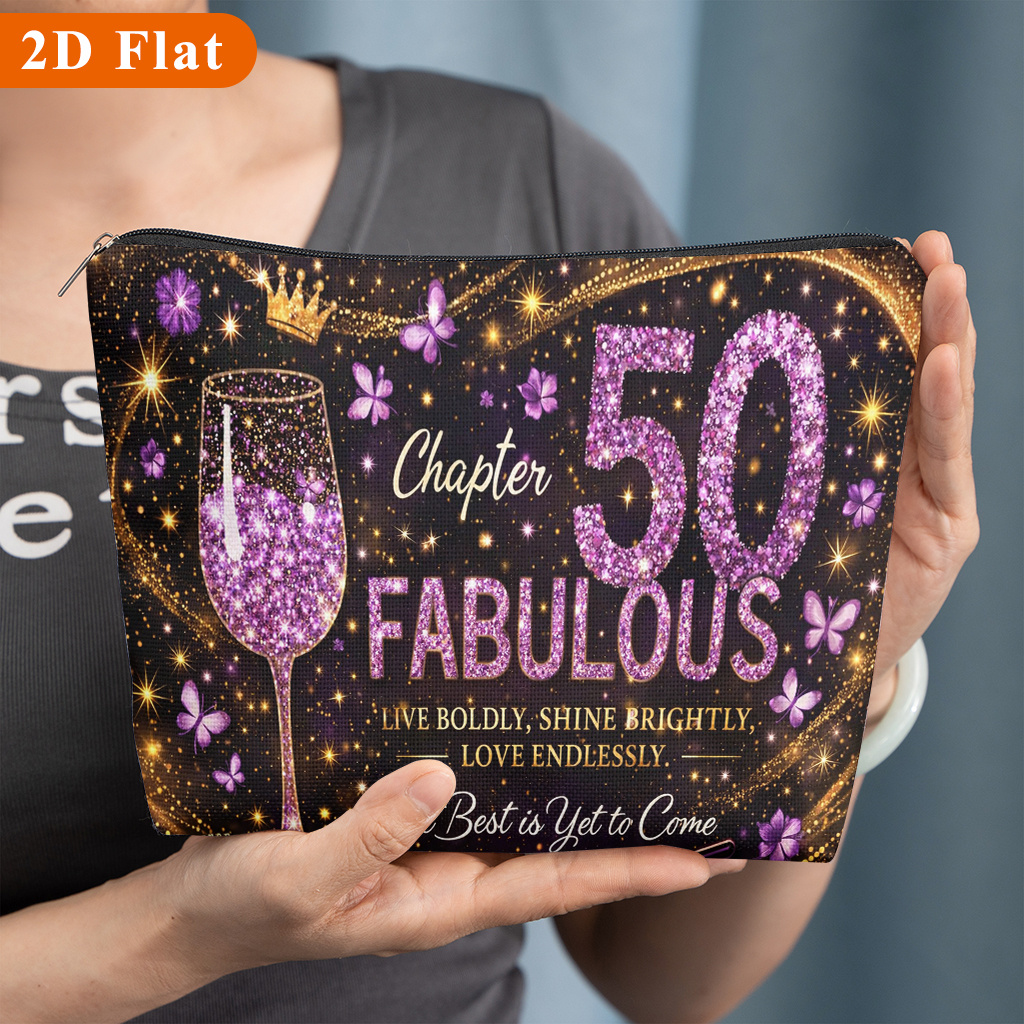 TEMU Fifty Fabulous Celebration, A Patterned Cosmetic Bag, Suitable For Storing Women' Products, Perfect For Travel, School, Dormitory, Or Home Use,