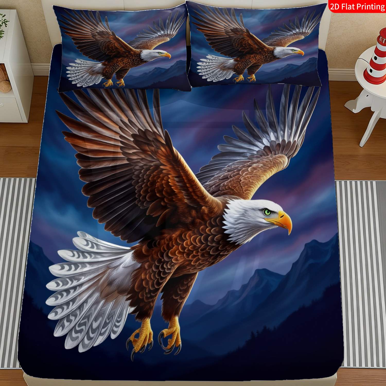 TEMU 2/3pcs 2d Flat Printing Fitted Sheet, Style, Wildlife Theme Bedding, Brown/white/blue, Eagle Mountain Pattern, Bedroom Decor(1 Fitted Sheet 1/2