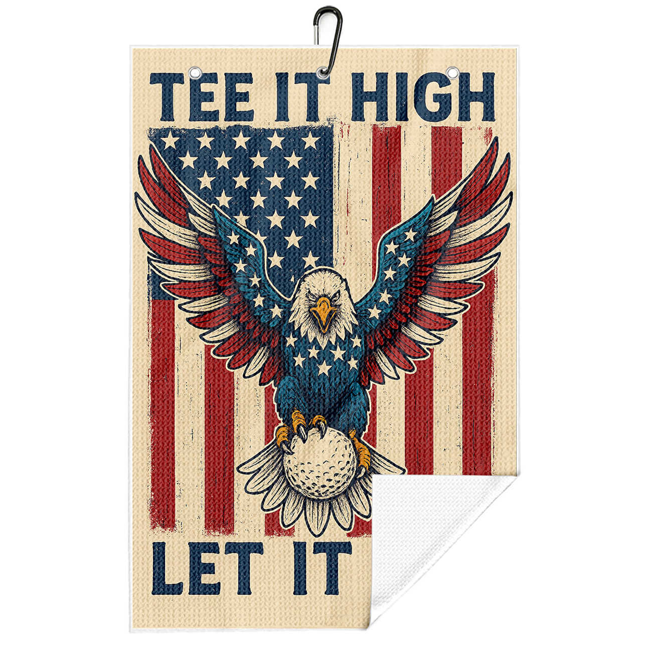 TEMU 1pc Golf Towel With "tee It High Fly" Text And American Flag Eagle Grabbing Golf Ball Pattern, Vintage Style Golf Towel With Ring-shaped Metal