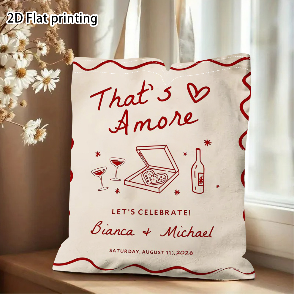 TEMU 2d Flat, 1pc That's Amore Custom Tote Bag, Personalized Name Heart Pizza Wine Pattern Tote, 's Day Gift For Her/him, Reusable Shopping Bag For